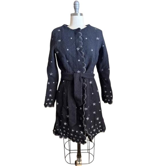 Sigrid Olsen Embroidered Wool Women's Coat Black Scalloped Trim Belted S/M - Picture 1 of 8